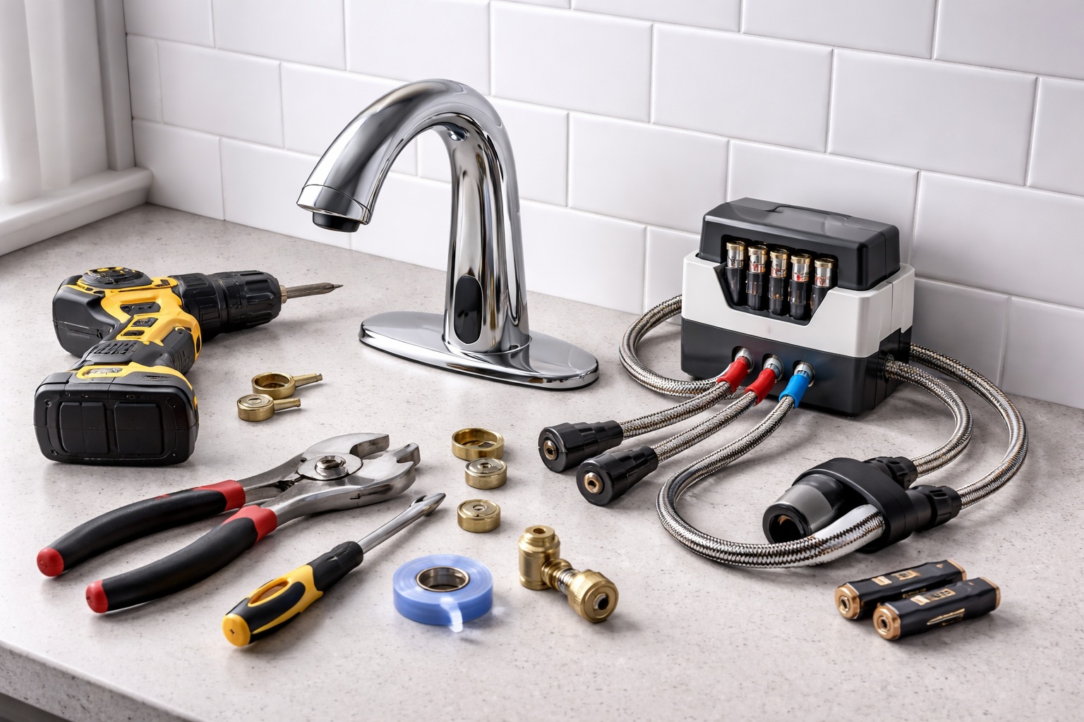 Battery powered touchless faucet installation tools and setup concept
